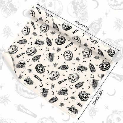 Whaline Halloween Wrapping Paper -Mini Roll- 17 In x 32.8 Ft Beige Black Skull Pumpkin Viper Gift Wrap Paper for Halloween Wrapping Supplies