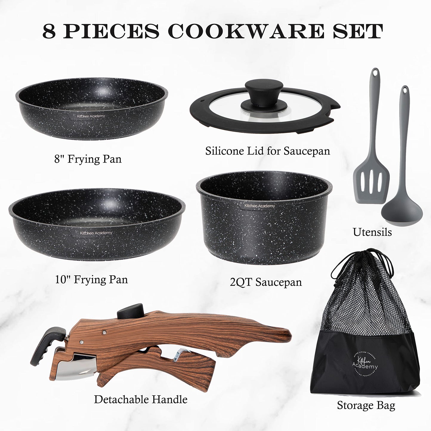 Kitchen Academy Removable Handle Induction Pots and Pans Set - 10 Piece Non-stick Cookware Sets, Black Granite Stackable RV Cookware for Camp