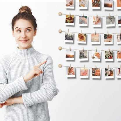 PhotoWall Hanging Photo Display | Sculptural Picture Frames Collage - 5 Strings, 30 Clips, 3M Hooks - 30 x 30 Inch