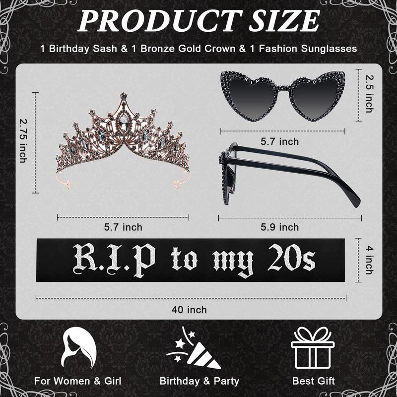 Rip To My 20s Sash And Crown with Sunglasses Set Black Birthday Sash Bronze Gold Crown Birthday Party Accessories for Women 30th Birthdays Glitter Party Favors (Sash&Crown&Sunglasses)
