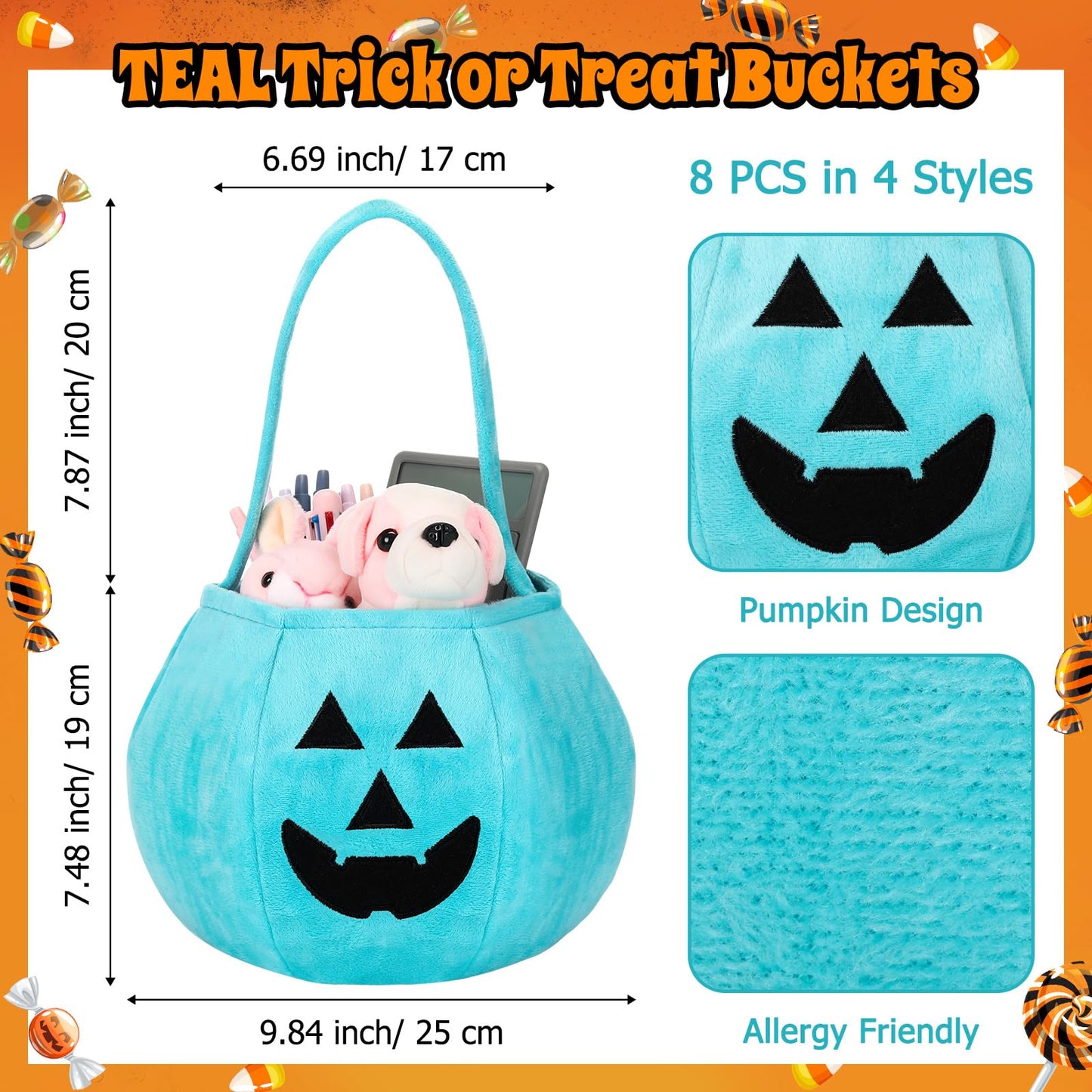 Sunnymove 8 Pcs Halloween Teal Trick or Treat Pumpkin Reusable Bucket 9.8"x7.8" Gold Velvet Candy Bags Portable Halloween Pumpkin Fabric Gift Candy Bucket for Costumes Decoration Party Supplies