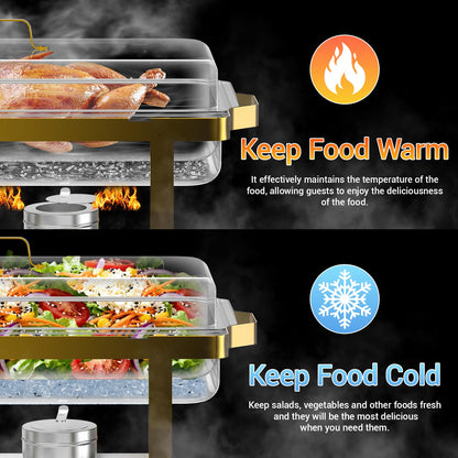 ZLMTZDJD 4 Pack 9 Qt Chafing Dishes Buffet Set - Gold Stainless Steel Food Warmers with 12 Serving Utensils (Tongs, Ladles, Spoons) for BBQ, Parties, Catering, Weddings, Events