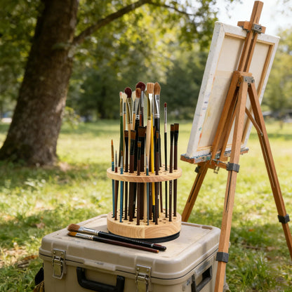 360 Rotating Paint Brush Holder | 52 Holes Hardwood Organizer for Artists Brushes | Desktop Storage Stand for Art Supplies | Craft Tools, Makeup Brush and Calligraphy Pens Rack | Natural Wood Display
