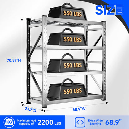 Kobito 68.9W'' Storage Shelves 4 Tier Stainless Steel Shelf Utility Rack Shelf 2200LBS Adjustable Shelf Storage Rack for Garage Supermarket, Warehouse,Industrial,Basement,68.9" Wx70.87''Hx23.7''D