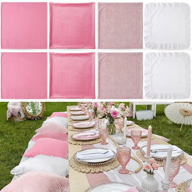 Yuntau Pink 8 Pcs Picnic Pillow Covers Only 18x18 Inch Boho Aesthetic Throw Cushion Cases Luxury Picnic for Summer Birthday Bachelorette Tea Party Brunch Beach Backyard Bed Sofa Decor