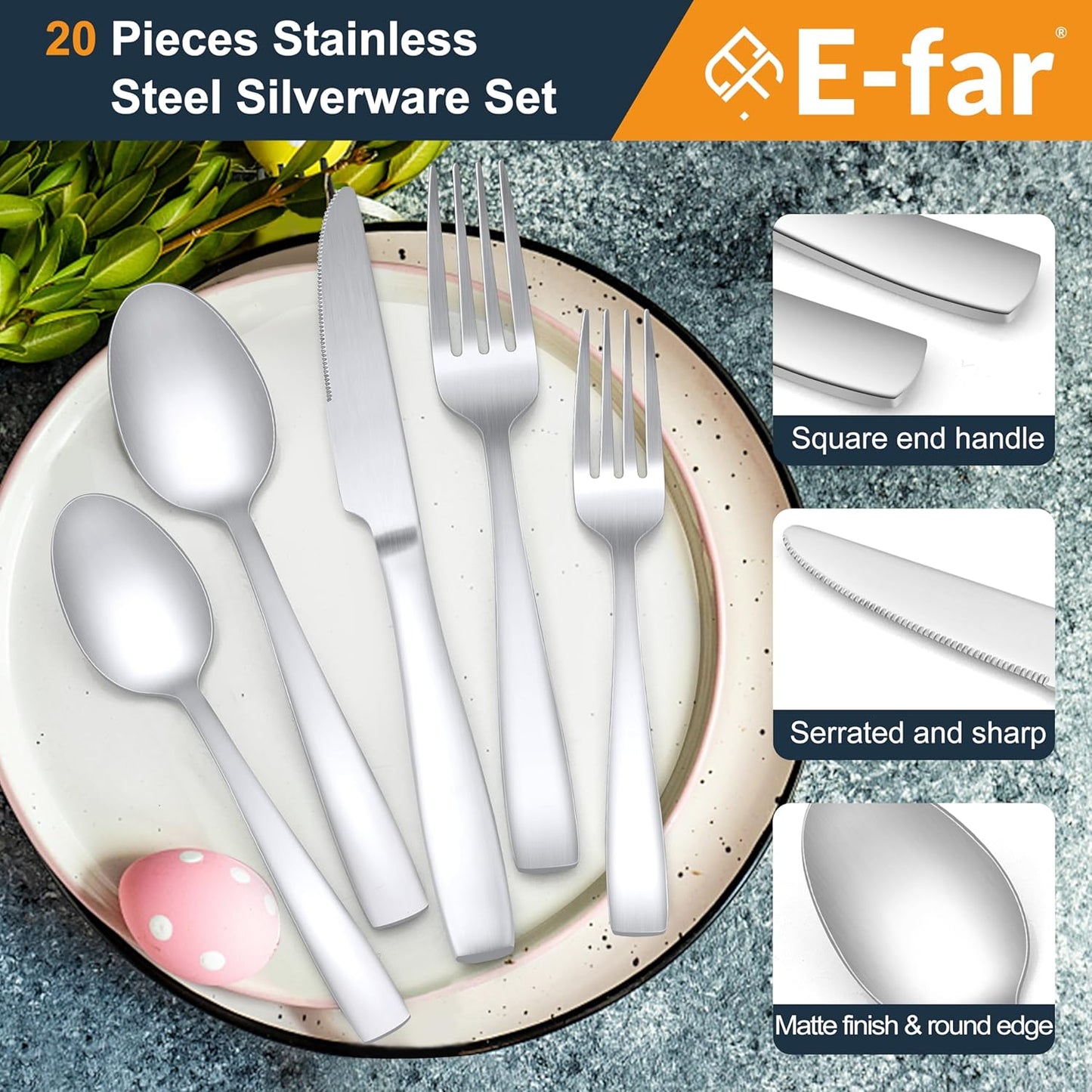 E-far Matte Silverware Set for 4, 20 Pieces Stainless Steel Flatware Set with Square Handle, Dishwasher Safe