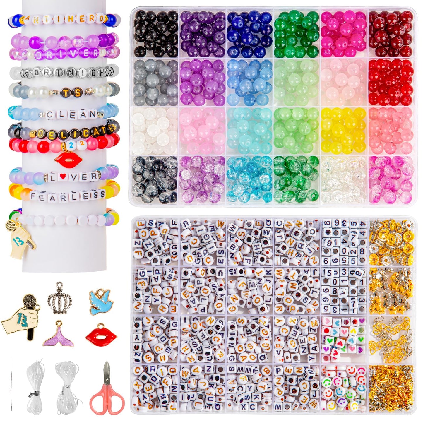 Goldwise Friendship Bracelet Kit - 2 Boxes with 24 Colors Glass(8mm) and Letter Beads (A-Z) for Jewelry Making, Varieties of Charms, Bracelet Making Kit, DIY Crafts for Gifts