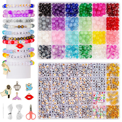 Goldwise Friendship Bracelet Kit - 2 Boxes with 24 Colors Glass(8mm) and Letter Beads (A-Z) for Jewelry Making, Varieties of Charms, Bracelet Making Kit, DIY Crafts for Gifts