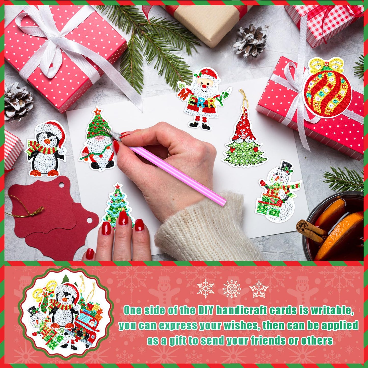 Hungdao 64 Pcs Diamond Art Christmas Ornaments Kits Diamond Art Painting Kits DIY Keychains for Adults 5d Bulk Winter Hanging Ornament Snowman Santa Claus Home Xmas Tree Craft Gift Decor(Classic Red)