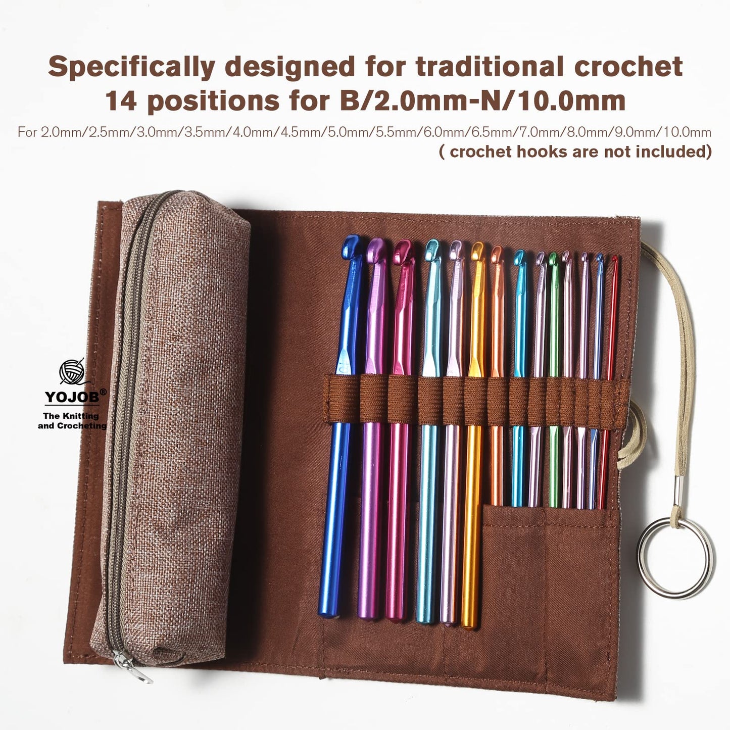 YOJOB Traditional Aluminum Crochet Hooks Case, 14 Slots Roll-up Crochet Hook Organizer with a Detached Zipper Bag (Beige-Orange)