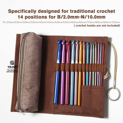 YOJOB Traditional Aluminum Crochet Hooks Case, 14 Slots Roll-up Crochet Hook Organizer with a Detached Zipper Bag (Beige-Orange)
