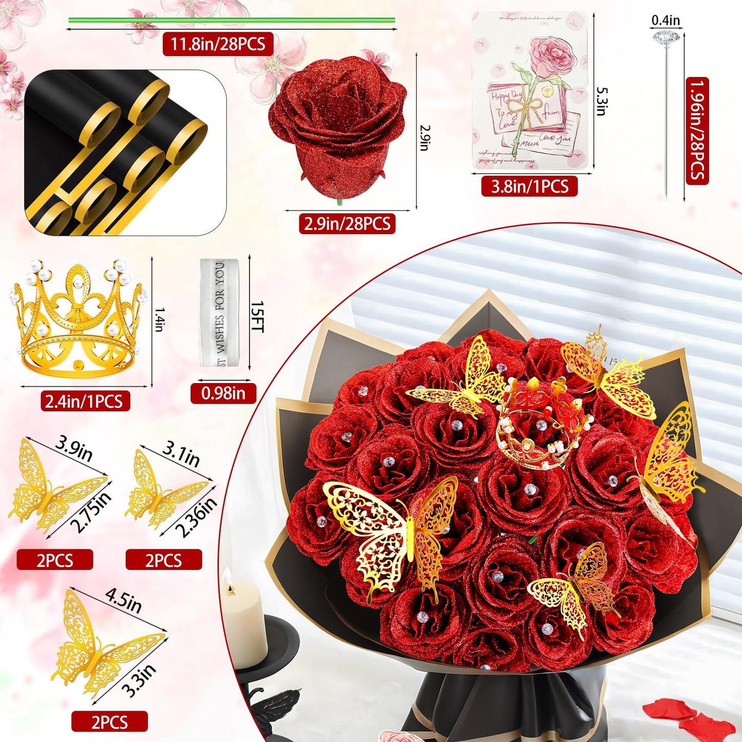 28 Red Glitter Roses Bouquet, 2026 Graduation Flowers Bouquet for Her DIY Fake Artificial Flower Bouquet Kit with Diomand Pins,Red Roses for Anniversary,Weddings,Mothers Day