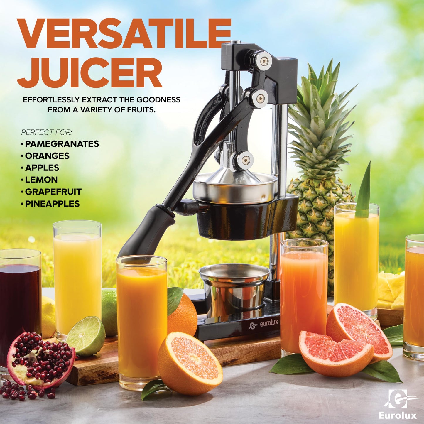 Eurolux Ultra-Premium Cast Iron Juicer | Extra-Large, Heavy Duty, Commercial Grade, Stainless Steel Manual Hand Press Citrus Squeezer For Fresh Orange Juice, Pomegranate, Lemon, and Much More (Black)