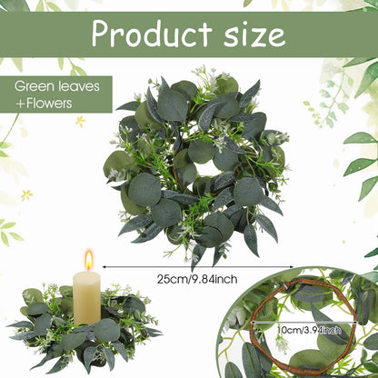 4 Pcs Eucalyptus Candle Rings Wreaths 4 Inch Center Mini Artificial Green Floral Leaves Wreaths Pillar Holder Centerpiece for Wedding Party Home Door Window Wall Farmhouse Decoration