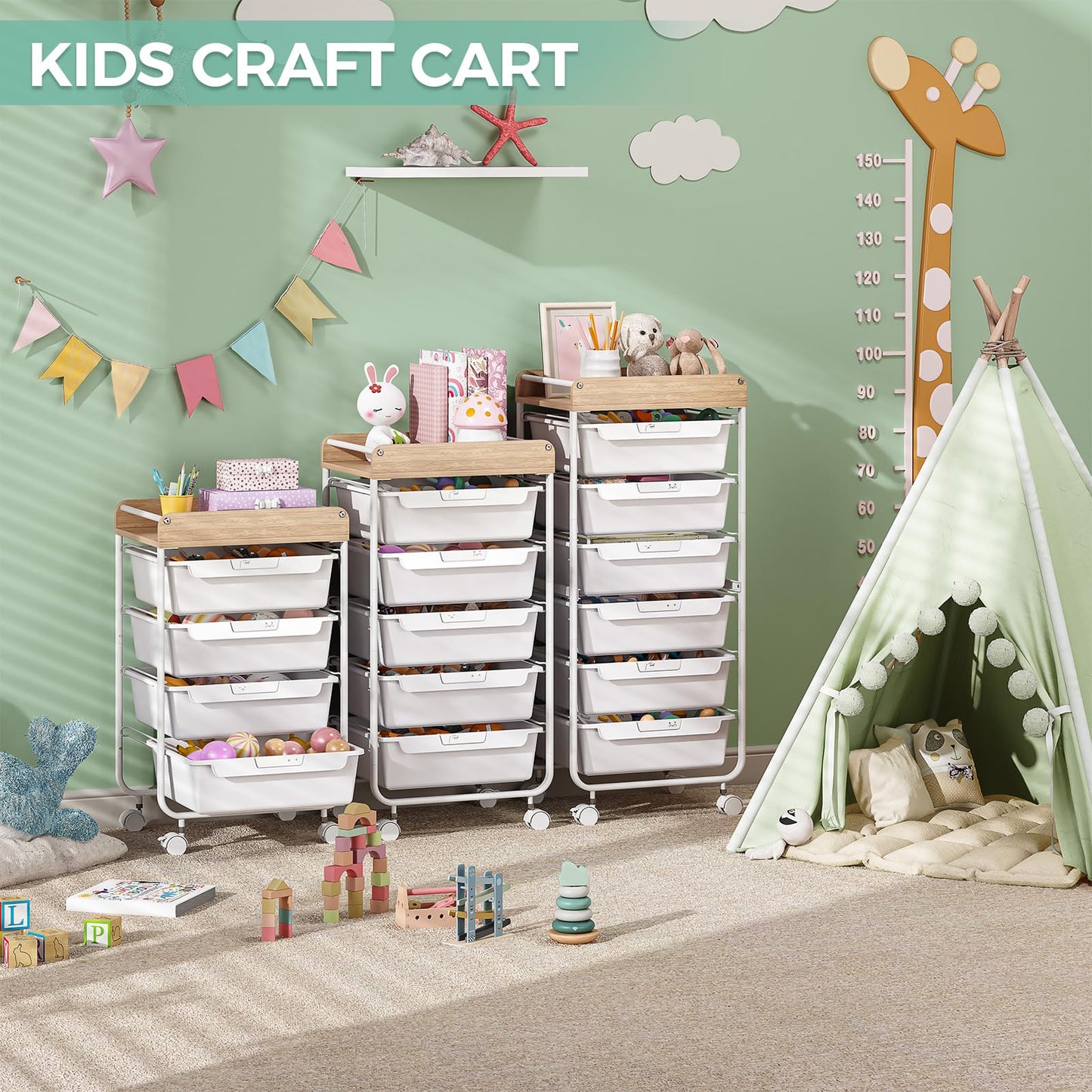 SYKIARIOL Rolling Storage Utility Cart with 4 Drawers,Kids Craft Art Cart,Makeup Organizer and Storage with Wooden Tabletop,White