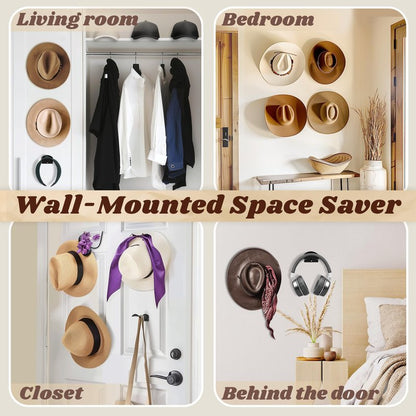 TUSPIPAL 2.9Inch Hat Hooks for Wall - (8 Pack) Cowboy Hat Rack,SuitableSun Hats, Fedora, Wide Brim Hats Strong Hold Hat Hangers for Wall，Western Room Decor- (Black)