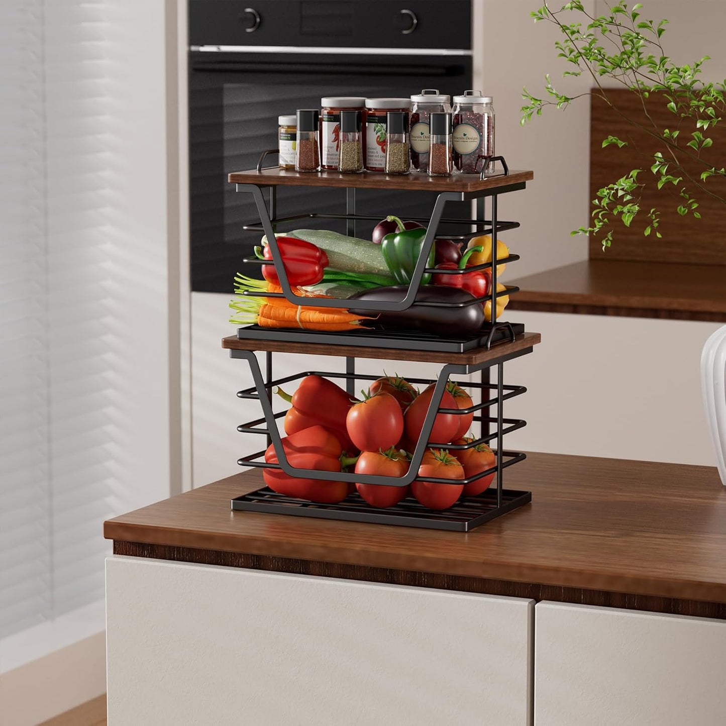 2 Pack Countertop Stackable Trash Bag Holders with Wood Top, Large & Small Garbage Bag Dispenser for Kitchen, Pantry
