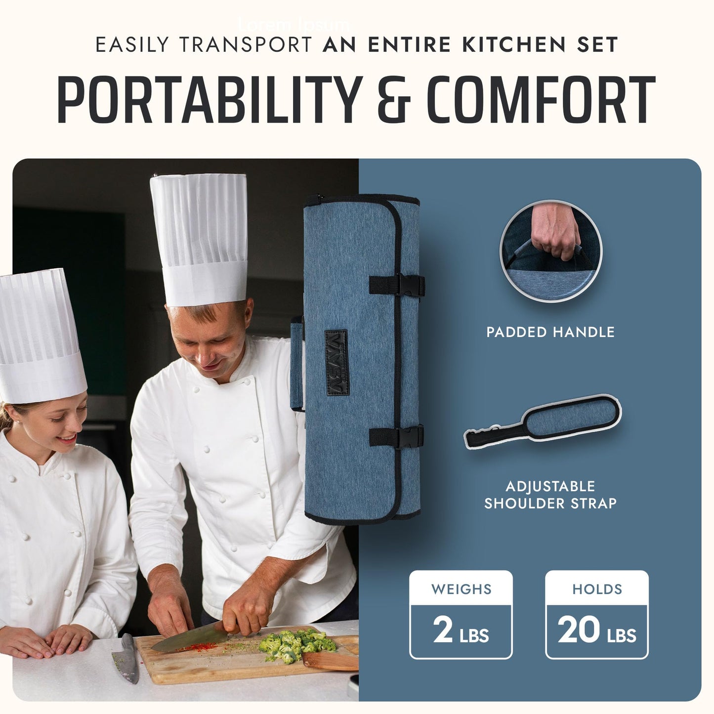 Asaya Waxed Nylon Chef Knife Roll Bag with 20 Slots and Zippered Pockets - Professional Chef Knife Bag & Storage Case, Tool Carrier with Shoulder Strap - Knives Not Included (Blue)