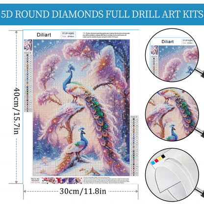 Diliart Pink Peacock DiamondPainting Set - 5D Full Diamond DIY Gem Art for Beginners - Sparkling Rhinestone Diamond Art Crafts Set - Relaxing Hobby for Home Wall Decor - Christmas Gift 12x16 Inch
