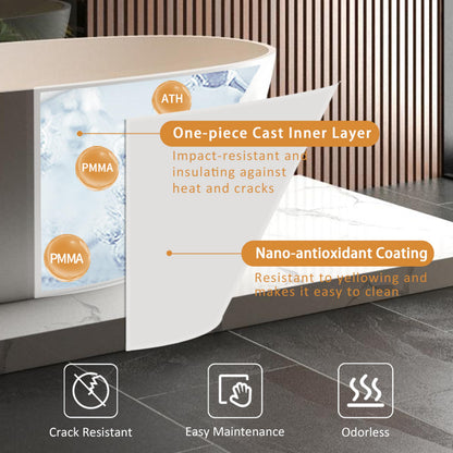 GDFStudio 65" Freestanding Solid Surface Bathtub, Handcrafted Stone Resin Soaking Tub with Overflow and Pop-up Drain, Matte White Luxury Bathtub, Ergonomic Design, 57.6-Gallon Capacity
