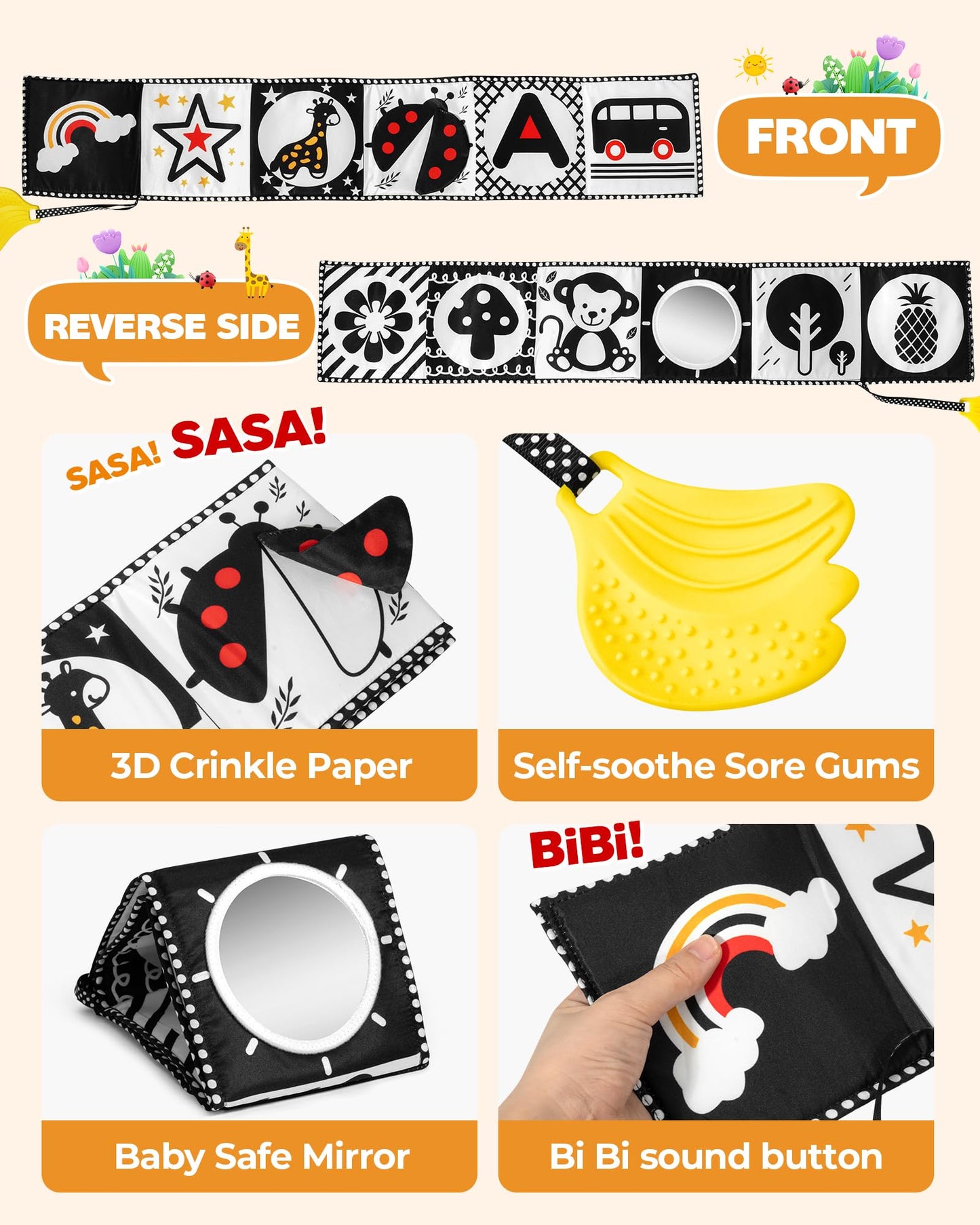 Melican Black and White High Contrast Baby Toys 0-6 6-12 Months, Soft Book with Teether, Newborn Infants Tummy Time Toys, 0-3 3-6 Month Sensory Visual Stimulation, Montessori Learning Essentials