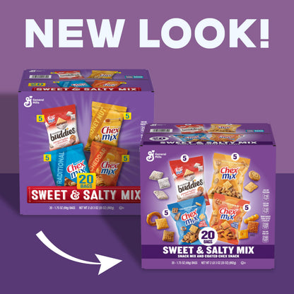 Chex Sweet & Salty Snack Variety Pack, Individually Wrapped Snack Bags, Party and Lunch Packs, Muddy Buddies Peanut Butter and Chocolate, Chex Mix Traditional, Cheddar, Honey Nut, 35 oz/20 Bags