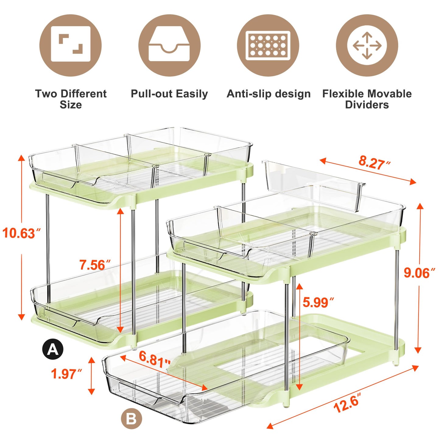 Delamu 2-Tier Multi-Purpose Bathroom Under Sink Organizers and Storage, Stackable Kitchen Pantry Organization, Pull Out Medicine Cabinet Organizer with Movable Dividers, White, 2 Pack