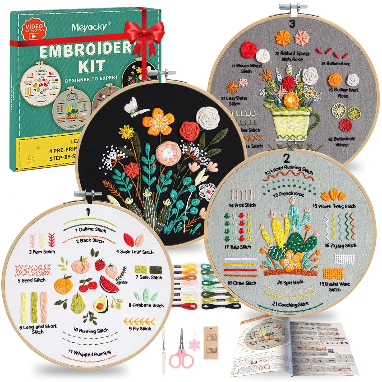 Meyocky Embroidery Kit for Beginners, 4 Pack Starter Embroidery Kits for Adults Learn 31 Stitches with Simple Patterns, Step-by-Step Video Stitch Practice Sampler Kit,Gift for Women Craft Lovers