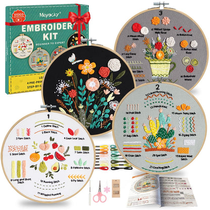 Meyocky Embroidery Kit for Beginners, 4 Pack Starter Embroidery Kits for Adults Learn 31 Stitches with Simple Patterns, Step-by-Step Video Stitch Practice Sampler Kit,Gift for Women Craft Lovers
