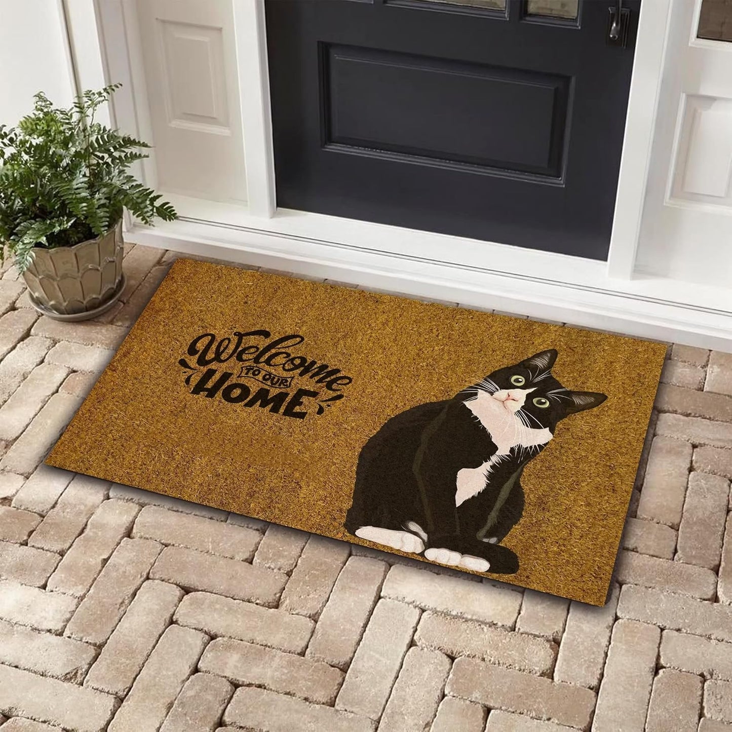 Welcome to Our Home Black Cat Doormat, Cat Lovers Decorative Welcome Mats, Non-Slip Absorbent Mud Trapper 16x24 Inch