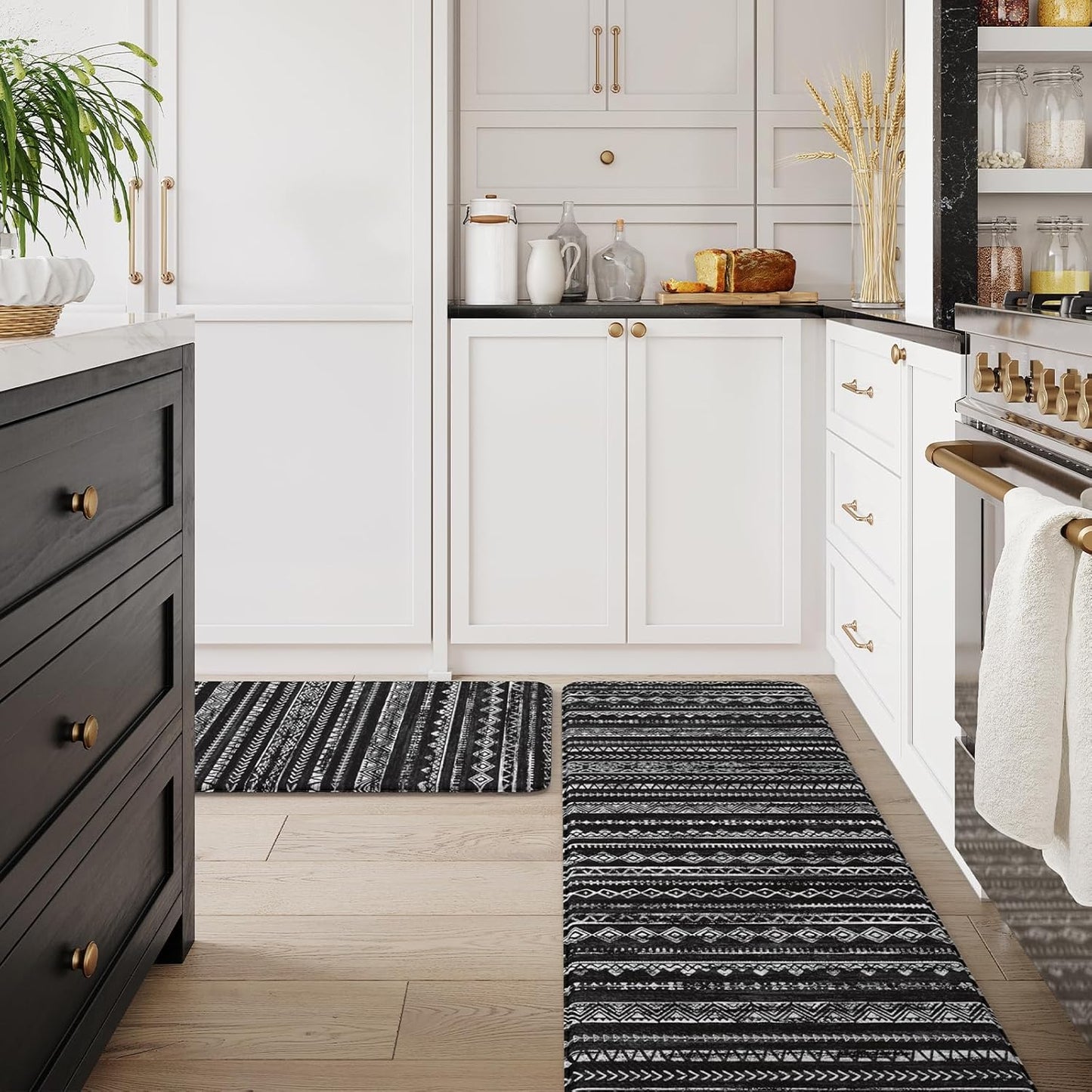Kitchen Mats Cushioned Anti Fatigue, Non Slip 2 Piece Memory Foam Kitchen Mat Set for Sink, Laundry, Office, Black