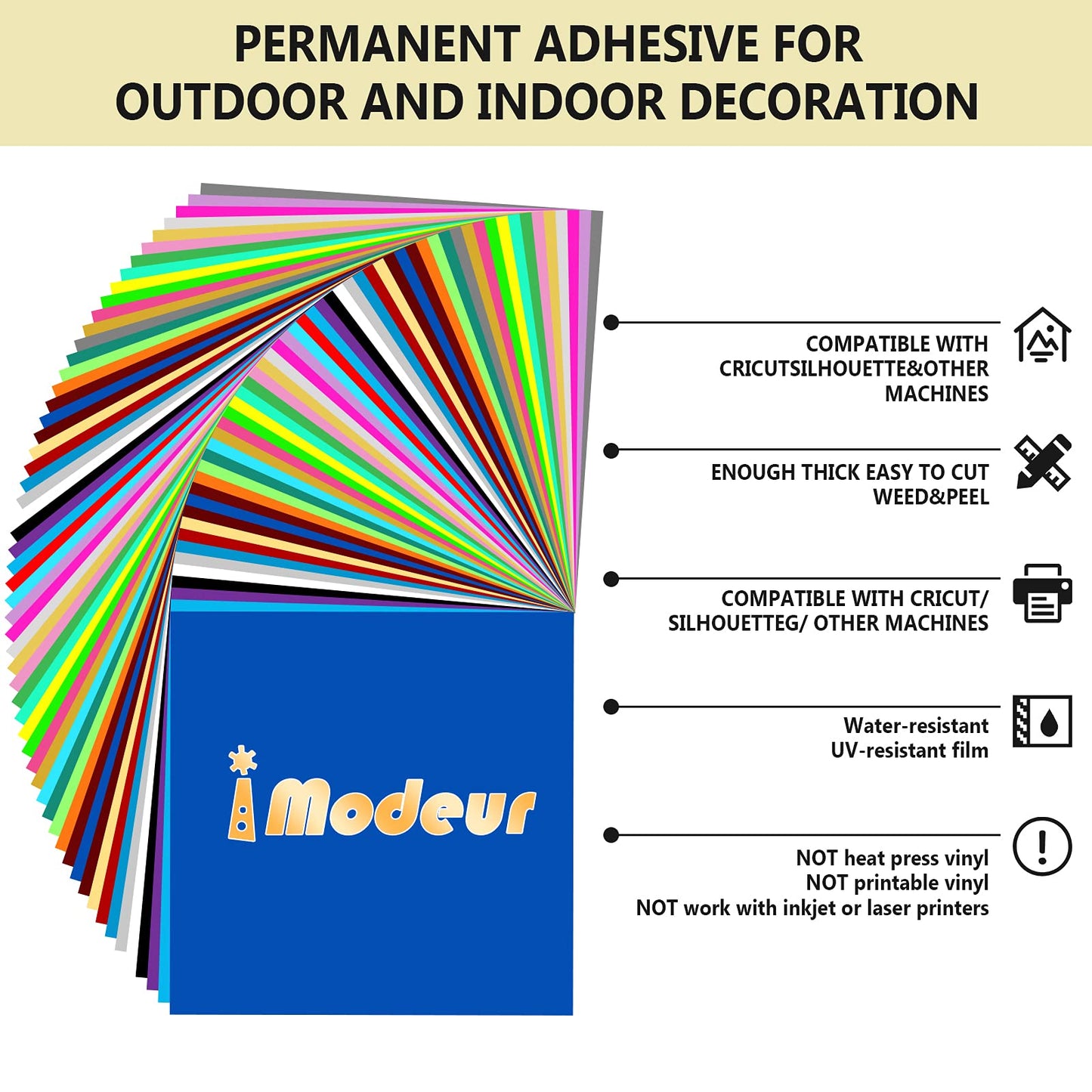 IModeur Permanent Adhesive Vinyl Bundle - 86 Pack Vinyl Sheets (12”x12”, Glossy, Matte, Metallic) for Most Cutting Machines and Party Decoration, Sticker, Craft Cutter, Car Decal