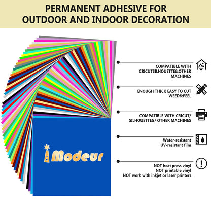 IModeur Permanent Adhesive Vinyl Bundle - 86 Pack Vinyl Sheets (12”x12”, Glossy, Matte, Metallic) for Most Cutting Machines and Party Decoration, Sticker, Craft Cutter, Car Decal