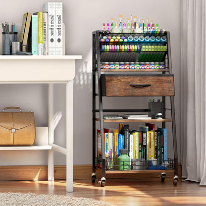 Housolution 3 Tier Rolling Cart with Drawer, Utility Cart with Lockable Wheels, Multi-Functional Arts and Crafts Organizer Storage for Brushes & Paints & Artifacts, Ideal for Home Office Studio