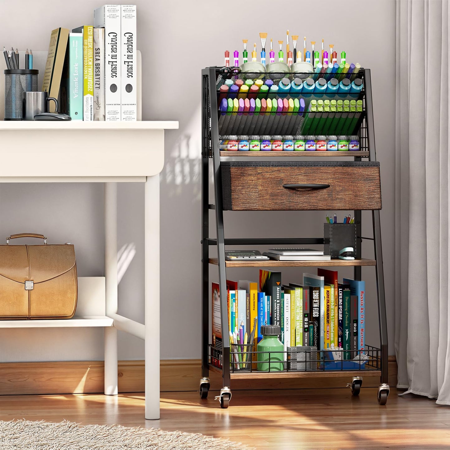 Housolution 3 Tier Rolling Cart with Drawer, Utility Cart with Lockable Wheels, Multi-Functional Arts and Crafts Organizer Storage for Brushes & Paints & Artifacts, Ideal for Home Office Studio