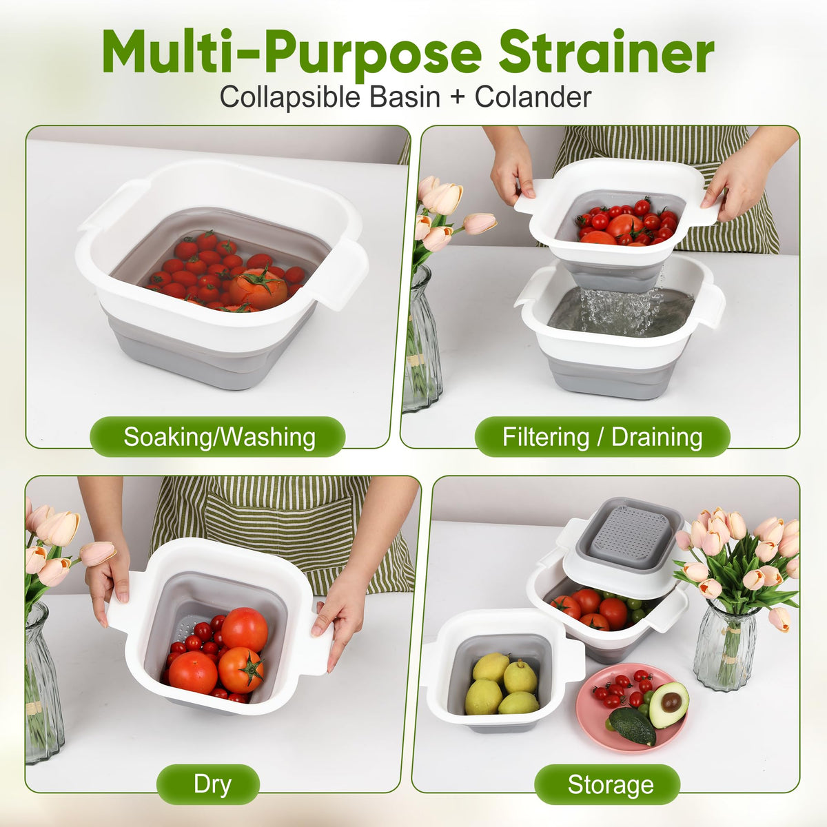 ROTTOGOON Collapsible Colander Set with Strainer Bowl, 2 in 1 Fruit Washing Basket with Strainer, 5 + 3 QT Plastic Colanders for Kitchen, Foldable Double Layered Colanders Bowl for Vegetable, Grey