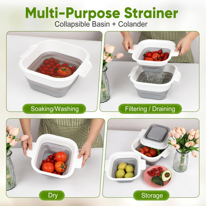 ROTTOGOON Collapsible Colander Set with Strainer Bowl, 2 in 1 Fruit Washing Basket with Strainer, 5 + 3 QT Plastic Colanders for Kitchen, Foldable Double Layered Colanders Bowl for Vegetable, Grey