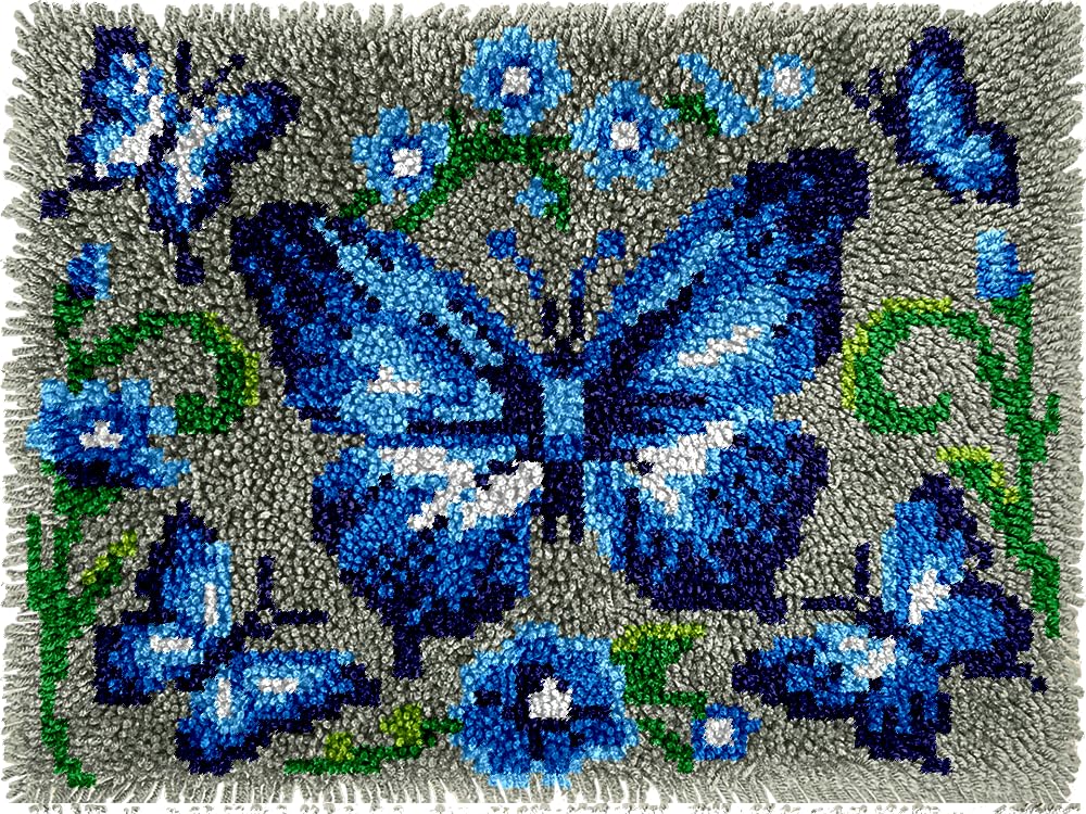 veirousa Blue Butterfly Latch Hook Kit for Adults Beginners, Pre-Printed Latch Hook Rug Kit, DIY Carpet Making Set for Home Wall Hanging Art Decoration 20x15 Inch