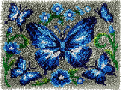 veirousa Blue Butterfly Latch Hook Kit for Adults Beginners, Pre-Printed Latch Hook Rug Kit, DIY Carpet Making Set for Home Wall Hanging Art Decoration 20x15 Inch