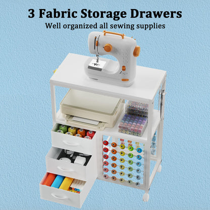 Sewing Table with 60 Spools Thread Holder and 3 Fabric Drawers, Rolling Sewing Machine Table for Storage Embroidery Machine, Rolling Craft Table Cart for Sewing Organizer, White, Patent Pending