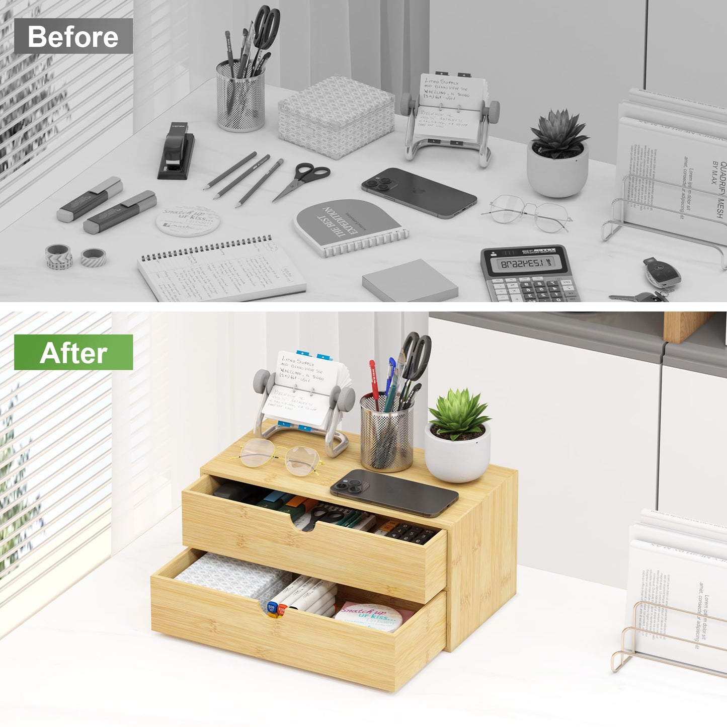 Wisuce Desk Organizer with Drawers - Bamboo Desktop Organizer Storage Natural Wood Desk Drawers Organizer for Bills, Office Supplies, Cosmetics, Seals No Assembly Required 3 Drawers（left-right)