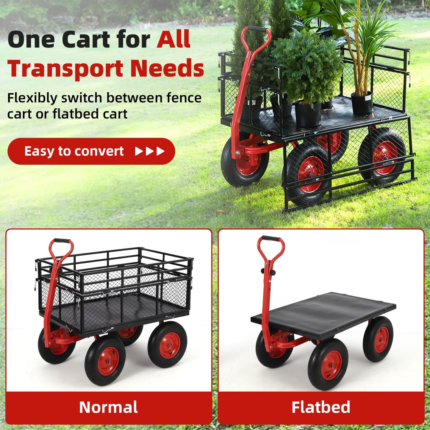 1400 LBS Steel Garden Yard Cart, Heavy-Duty Metal Garden Wagon Convertible 2-in-1 Handle and Removable Sides to Convert into Flatbed Lawn and Utility Wagons Cart