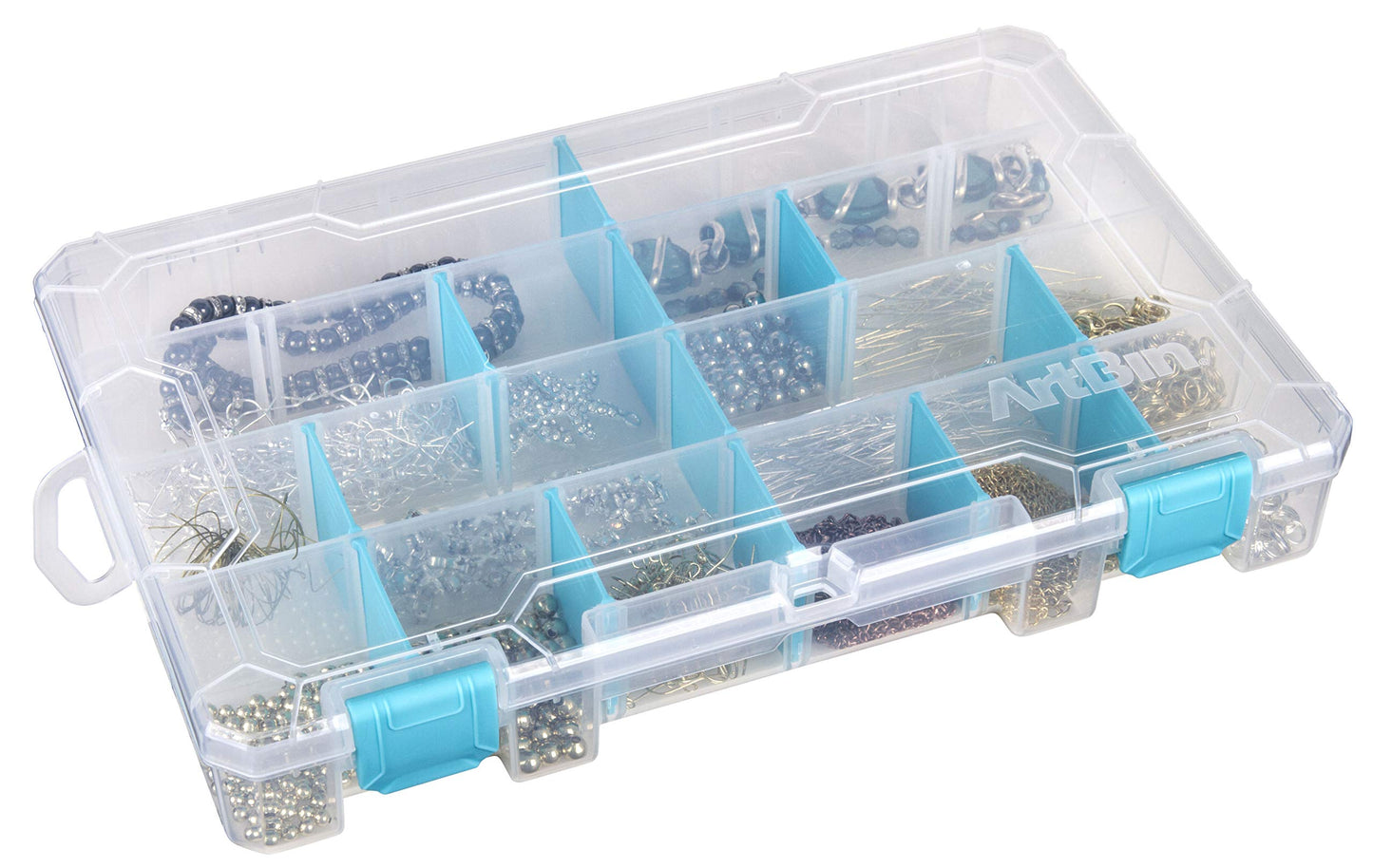 ArtBin 6847AG Medium Anti-Tarnish Box with Removable Dividers, Jewelry & Craft Organizer with Anti-Tarnish Technology, [1] Plastic Storage Case, Clear with Aqua Accents