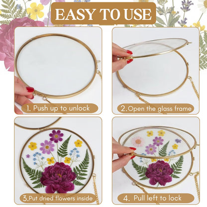Beedecor Round Pressed Flower Glass Frame with Hanging Chain – Real Dried Flowers Arranged in Crescent Shape | Double Glass Floating Frame Wall Décor | Boho Home & Gift Decoration
