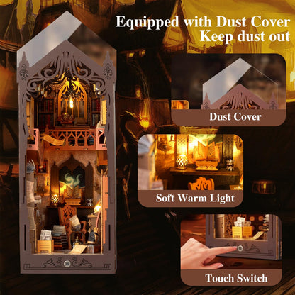 Book Nook Kit,DIY Miniature House Kit,Dollhouse Booknook with Dust Cover & LED Light,3D Wooden Bookends Puzzle,Bookshelf Decorfor for Adults, Teens, Beginners,Gifts for Family, Friends