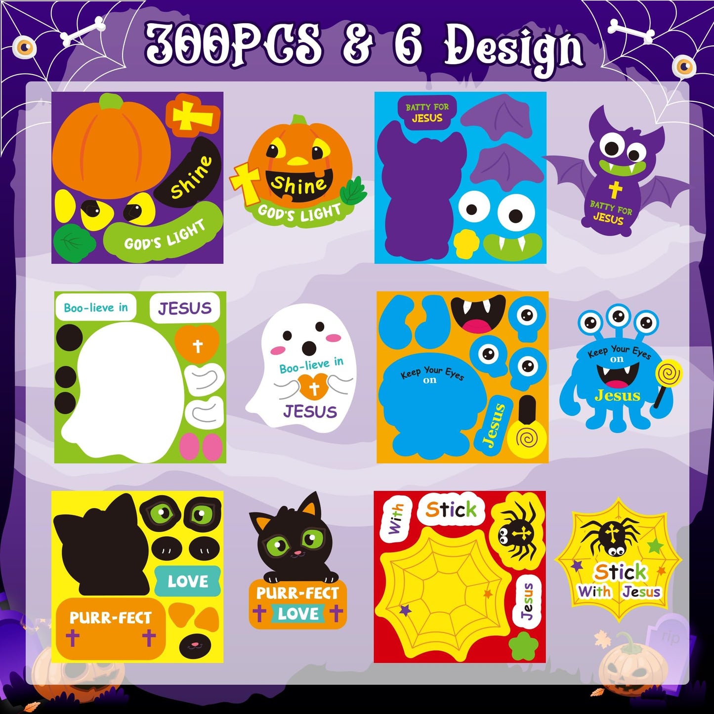 Haooryx Halloween Religious Sticker Roll - 300Pcs Make Your Own Pumpkin Ghost Bat Face Sticker Self-Adhesive Mix and Match Christian Religious Page Activity Pad Church Event Fall Halloween Party Favor