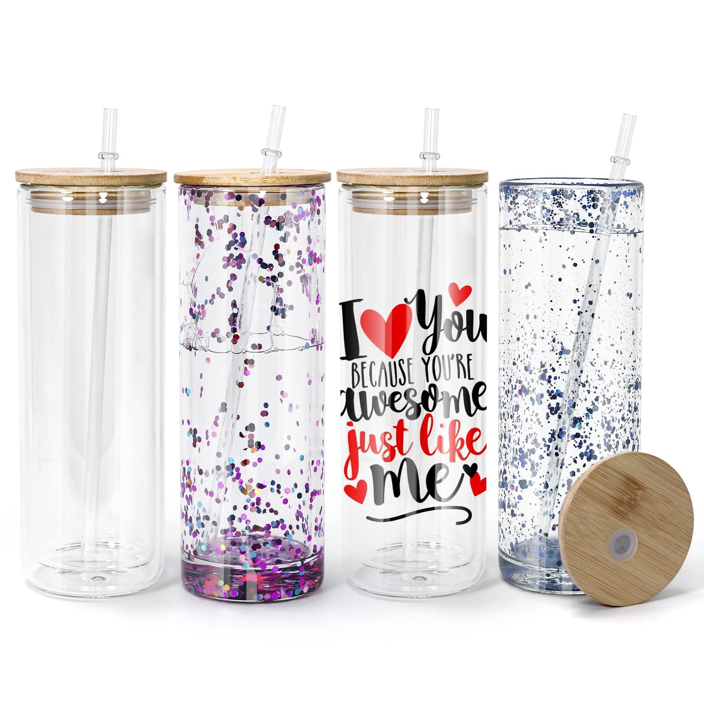 AGH 25OZ Snow Globe Glass Tumbler,4 Pack Sublimation Glass with Bamboo Lids and Straws, Double Wall Sublimation Beer Can Glasses Can Shaped Tumblers with Pre Drilled Hole for DIY