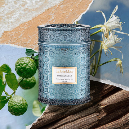 LA JOLIE MUSE Santorini Salt Air Candle - Bergamot, Sea Daffodil, Sandalwood | 19 oz Large Wooden Wick Candle | Natural Soy Wax | 90 Hours Clean Burn | Ocean Scented Candle