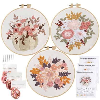 Sivilife Embroidery Kit for Beginners, 3 Sets Stamped Cross Stitch Kits for Beginner, Floral Pattern Embroidery Starter Kits for Adults with Embroidery Hoop Instructions Threads and Needles Scissors