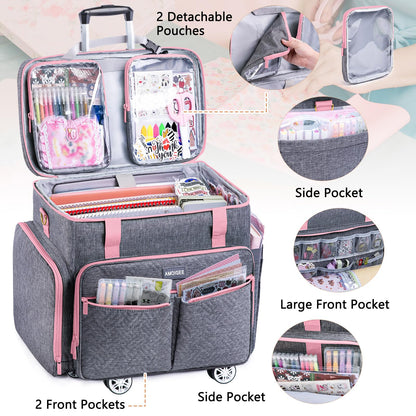 AMOIGEE Rolling Tote Bag with Wheels and Handle, Sewing Machine Case, Craft Organizer Tote for Scrapbooking Storage, Teacher Rolling Bag, Craft Supply Storage, Art Bag, Rolling Cart for Teachers